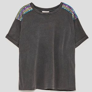 NWT ZARA FADED T-SHIRT WITH SHINY APPLIQUÉS L